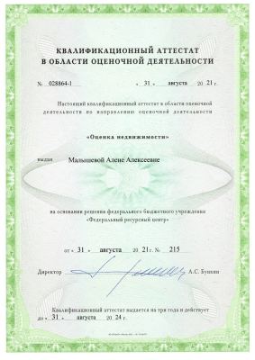 Квалификационный аттестат №028864-1 действует до 31.08.2024 Малышева Алена Алексеевна