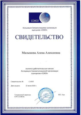 Свидетельство №С-0503 от 22.07.2020 Малышева Алена Алексеевна